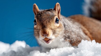 Chatty squirrel in snowdrift, mischief in nature, whimsical winter jubilee, Squirrel Appreciation Day frolic under icy azure