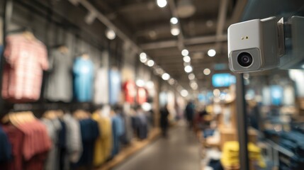 Closeup medium shot of motion sensors installed near store entrances clearly in focus while the store interior softly blurs highlighting smart theft detection technology.