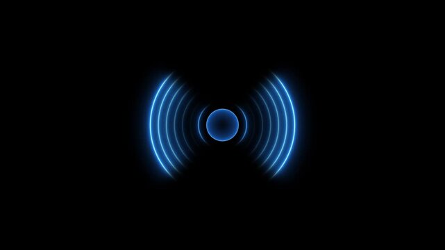 Blue Neon Light Pulsing Circles Radiating from Center on Black Background Technology Concept radiating lines