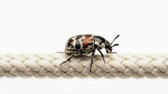Close-up of a patterned beetle crawling on a thick rope.