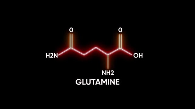 Glutamine Molecule Structure Animation Glowing Red Molecular Model with Chemical Formula on Black Background