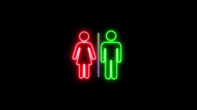 Neon signs of man and woman symbols on black background for bathroom or toilet indication male and female