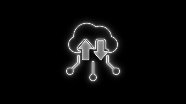 Glowing neon cloud with up and down arrows symbolizing data transfer and cloud computing on black background