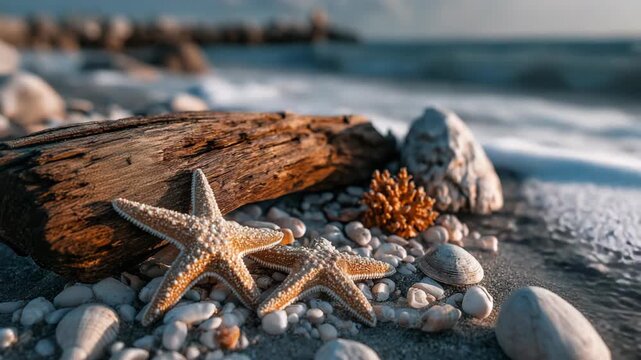 Shells and starfish scattered along a sandy beach ocean shore, gently touched by natural light. The scene evokes a peaceful coastal atmosphere, summer relaxation, and the simple beauty of marine life 