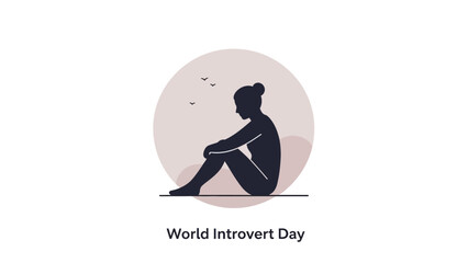 A minimalist illustration of a woman sitting in a pink circle on World Introvert Day with a simple design and birds flying.