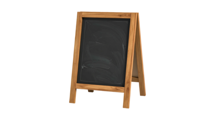 Wooden-framed chalkboard, stands upright, ready for messages, empty, with a black background