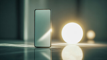 Modern smartphone standing upright on a reflective surface with bright glowing orb light creating artistic shadows and highlights in minimalist setting