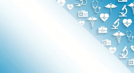 Fototapeta premium Medical icons including caduceus stethoscope heartbeat microscope and first aid kit on a blue gradient background