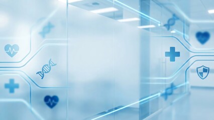 Futuristic medical technology interface displaying DNA heartbeat cross and shield icons in a bright clean environment
