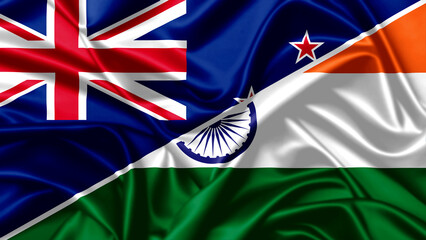 New zealand and india flags merged diagonally representing commonwealth ties and international cooperation