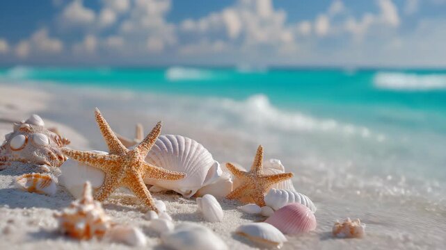 Shells and starfish scattered along a sandy beach ocean shore, gently touched by natural light. The scene evokes a peaceful coastal atmosphere, summer relaxation, and the simple beauty of marine life 