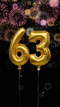 Gold balloon number 63 with fireworks in the background. Festive scene for birthday or anniversary party