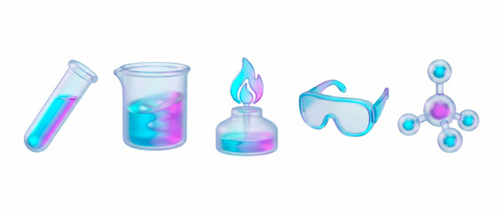 A vibrant collection of chemistry laboratory equipment and molecular structure, featuring a test tube, beaker, Bunsen burner, safety goggles, and a molecule, all rendered in bright blue and pink hues.