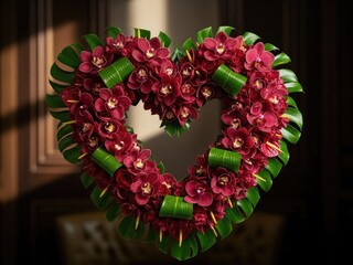 Valentine Heart shaped wreath of red orchids and green leaves | Valentine, love, heart, shape, flower, petals.
