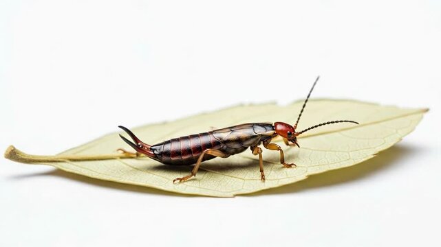 Close-up of an Earwig Insect on a Dry Leaf Against a White Background.