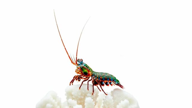 Detailed Close-up of a Colorful Mantis Shrimp on White Background.