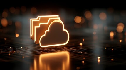 Illuminated 3D rendering depicting a folder icon paired with a cloud symbol, suggesting data storage and access. The image conveys a modern, tech-focused aesthetic