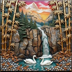 Waterfall with palm trees and swans