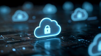 Glowing digital cloud icons with locks float above circuit board, representing data security and online protection, with soft blue lighting