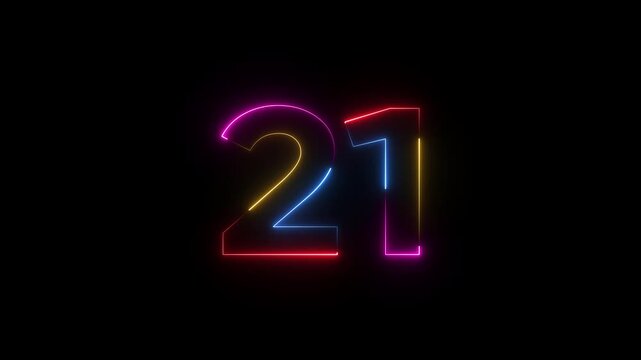 Colorful neon number twenty one on black background number 21 glowing