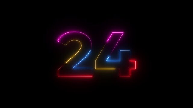 Neon 24 Hours Clock Symbol 24/7 Multicolor Glowing Numbers on Black Background neon sign