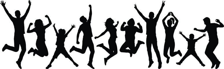 Happy people group jumping silhouette, energetic family celebration, joyful friends crowd, success victory vector illustration, active fun lifestyle background design.