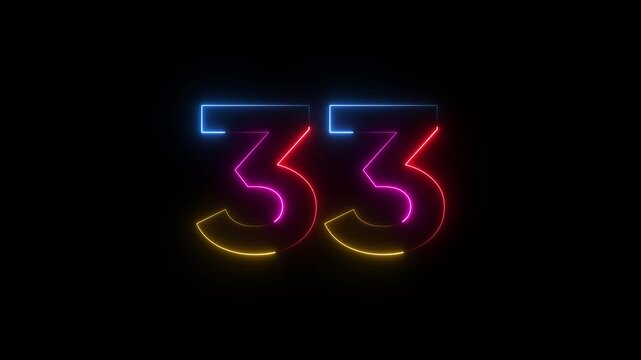 Colorful neon number thirty three glowing brightly on dark background neon number 33 colorful glowing digits