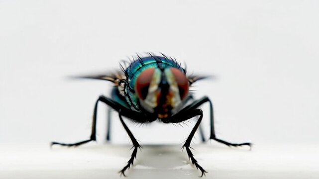 Macro shot of a metallic green fly with red eyes on a white background.