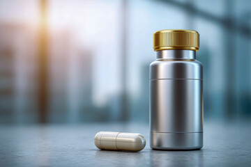 Metallic bottle with golden cap next to white capsule on reflective surface with blurred cityscape in the background during soft sunlight glow