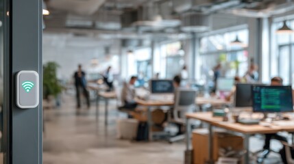 Medium shot of a smart IoT pager seamlessly syncing with multiple devices showcasing realtime notifications in a dynamic office environment.