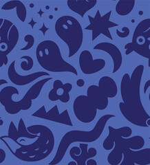 Seamless pattern with playful folk Icons in blue monochrome colors