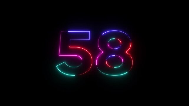 Colorful neon number fifty eight on black background with multicolored glowing outline neon number 58