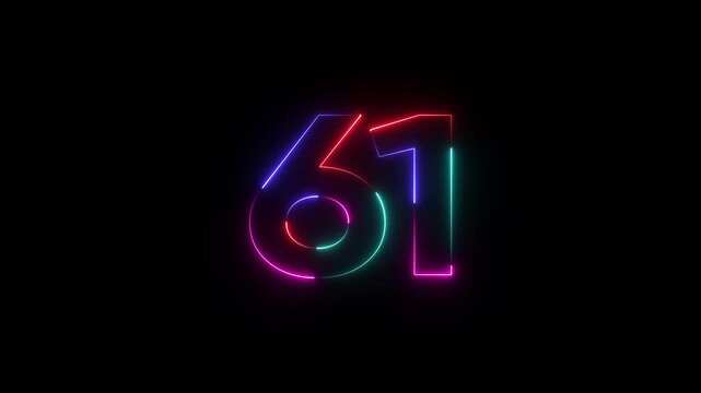Colorful neon number sixty one glowing brightly on dark background glowing number