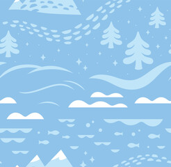Snowy landscape in light blue seamless pattern