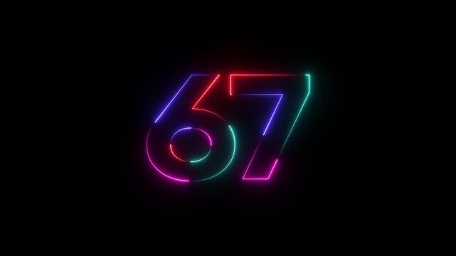 Neon number sixty seven colorful glowing numeric animation