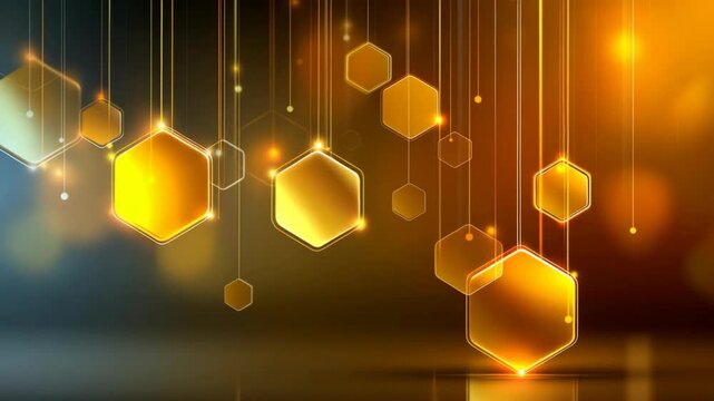 Abstract background featuring hanging hexagonal geometric shapes illuminated with neon light glow, creating a futuristic, modern atmosphere with depth, symmetry, and dynamic visual appeal