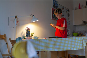 white boy standing by kitchen countertop checking smartphone, red shirt, casual break from tasks, modern connectivity and quiet domestic vibe, candid moment of scrolling and quick pause