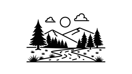 Obraz premium Minimalist Mountain Landscape with Winding River and Pine Trees.