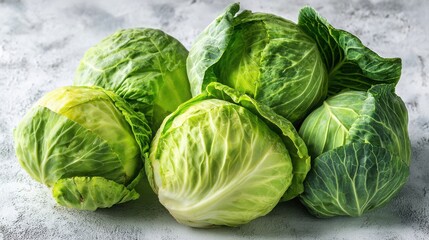 Obraz premium Fresh Green Cabbages with Crisp Leaves Arranged on a Light Gray Background for Healthy Food and Organic Vegetables Concept