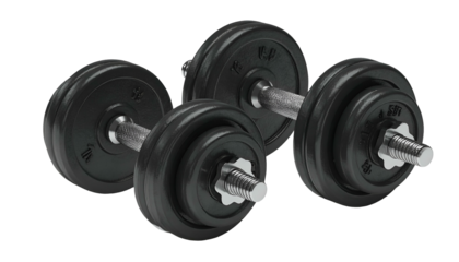 Two pairs of black and silver weightlifting dumbbells on a transparent background