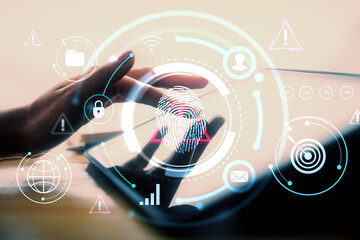 Finger pressing digital fingerprint scanner on smartphone screen with futuristic interface icons for security, access and online application concept.