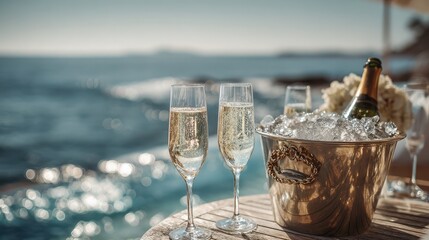 Sparkling Champagne in Elegant Glasses Served by the Ocean, Perfect for Celebrating Special Occasions at an Upscale Waterfront Location