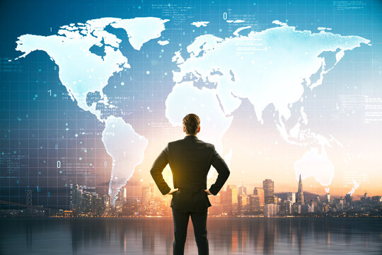 Businessman looking at digital world map overlay above city skyline with futuristic data elements and light background concept scene.. - Powered by Adobe