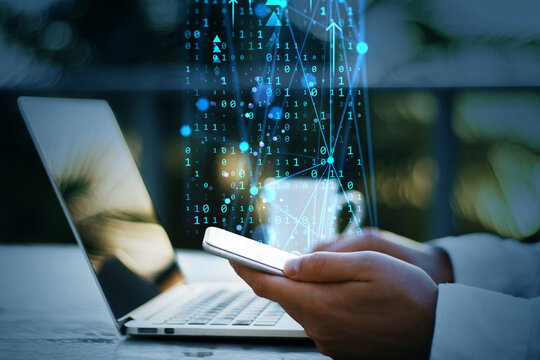 Data transfer between smartphone and laptop concept with binary code and glowing network overlay on digital technology background in daylight. - Powered by Adobe