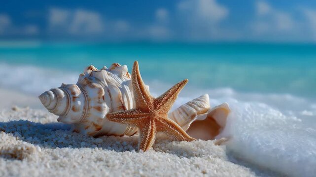 Shells and starfish scattered along a sandy beach ocean shore, gently touched by natural light. The scene evokes a peaceful coastal atmosphere, summer relaxation, and the simple beauty of marine life 
