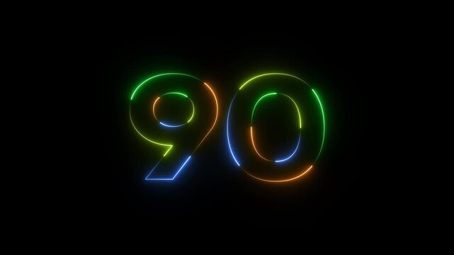 Glowing Neon Number 90 in Blue Green Orange on Black Background glowing number neon 90 blue green orange lights