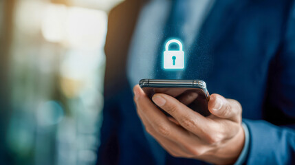 Person holding smartphone with glowing digital lock icon symbolizing mobile security and data protection in a blurred background setting