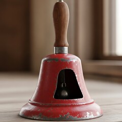 An antique brass bell sits as a vintage metal object on a weathered wooden background, evoking a sense of ancient history and religious decoration through its golden bronze ring