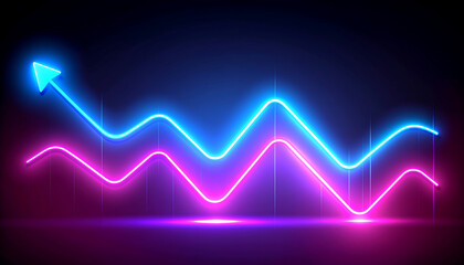 Neon blue and pink glowing waveform lines with upward arrow on dark background showing positive data trend and dynamic growth