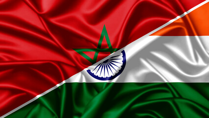 Morocco and India flags joined on rippling silk textile